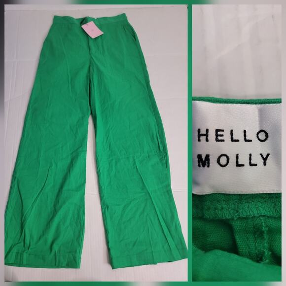 Hello Molly Pants - HELLO MOLLY Straight Wide Leg Trouser Pants M (6) High Rise Green Office Sirene